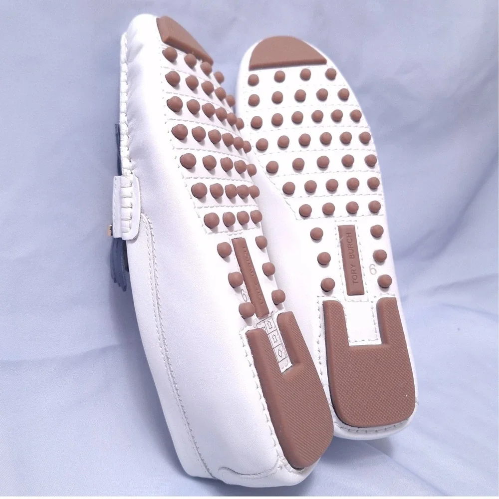 Tory Burch Gemini‎ Link Driver Leather Loafers White Navy Fringe Shoes Sz 6 NIB